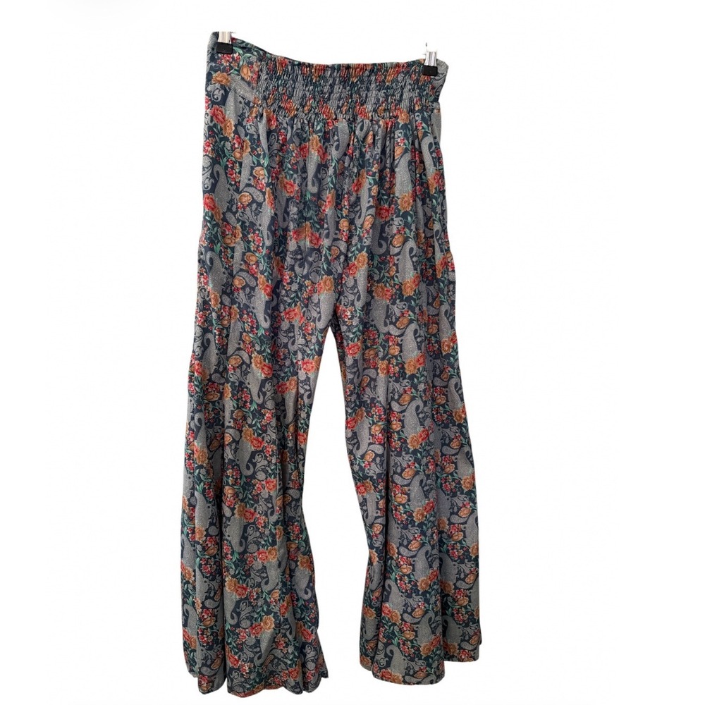 Karma Highway Blue Paisley Floral Wide Leg Palazzo Pants OSFM Boho High Rise
